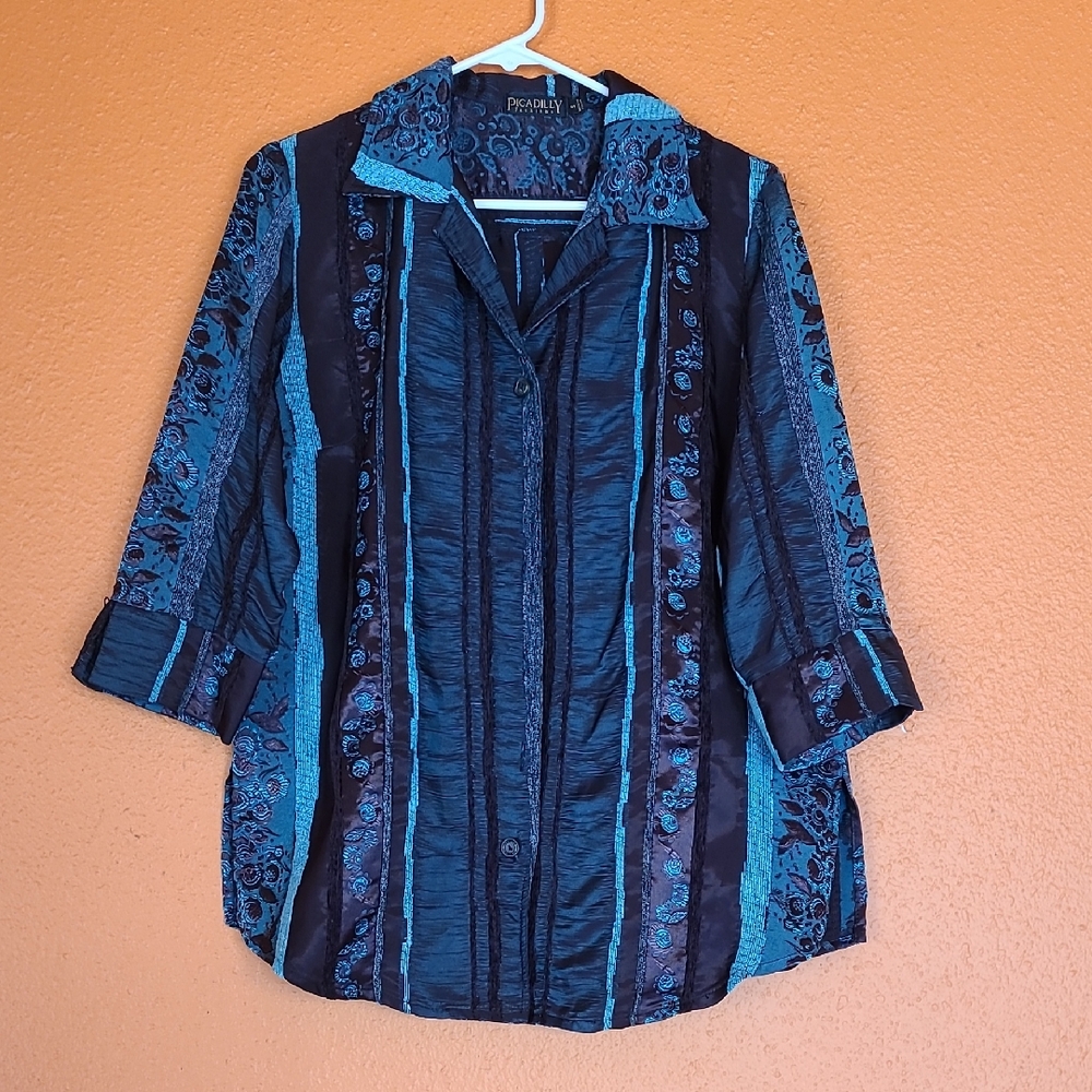 Picadilly Fashion Blue and Black Notched Collar Button Down Shirt